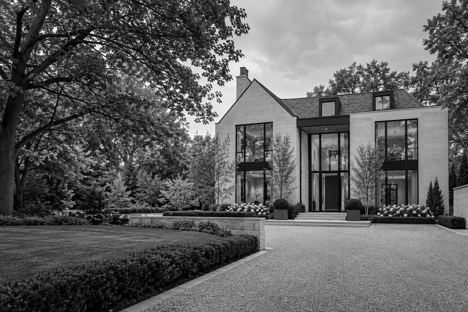 AI-created black-and-white architectural inspiration: a limestone and glass residence